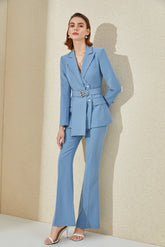 Light Blue V-neck Blazer Pantsuit - FashionByTeresa